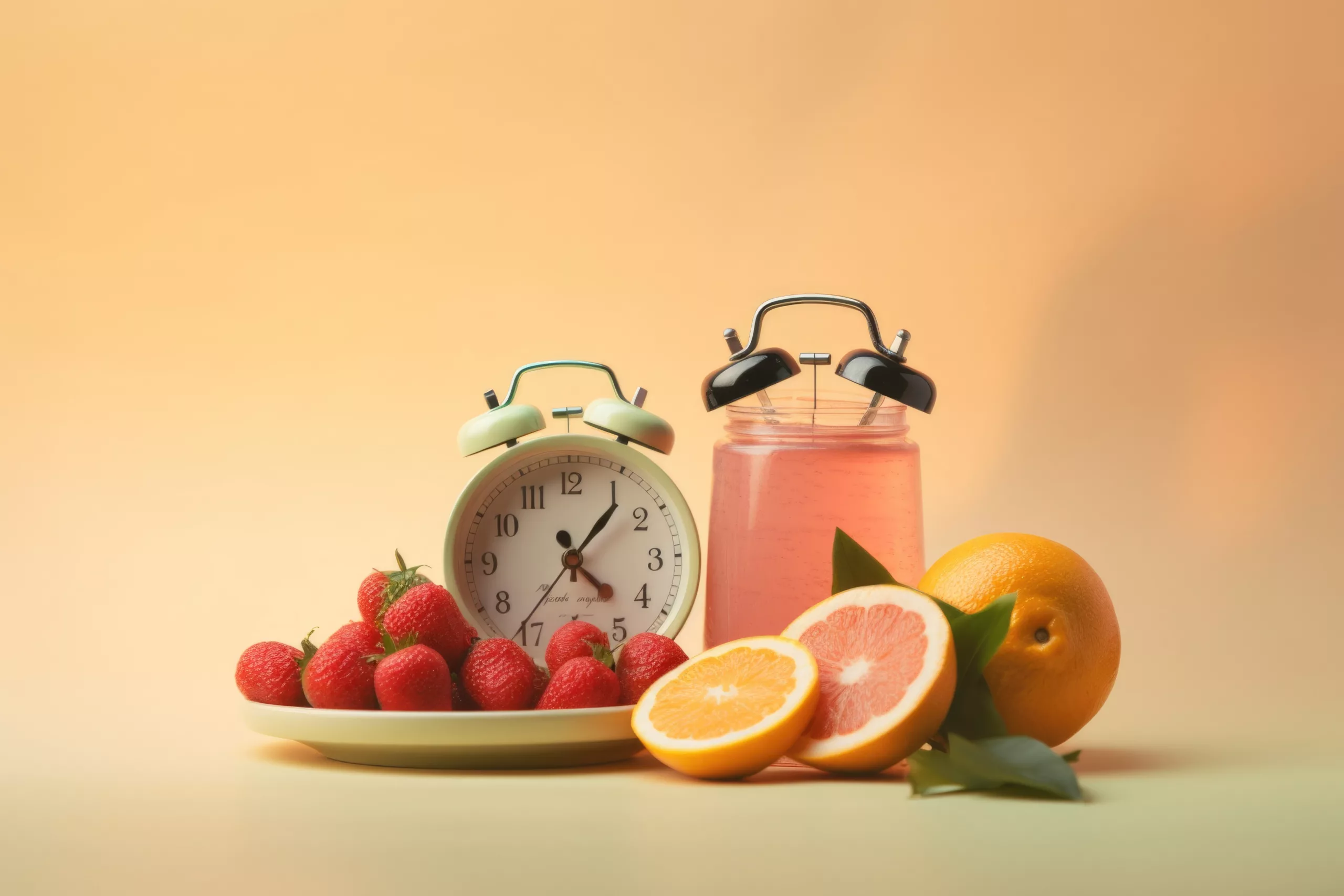 owoce cytrusowe z budzikiem i sokiem wyciskanym